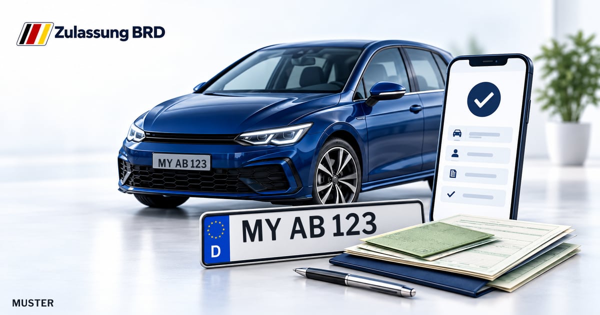 Online Fahrzeugzulassung in Landkreis Mayen-Koblenz: Musterkennzeichen MY AB 123, Auto und Fahrzeugpapiere und Smartphone. Illustration mit Logo von Zulassung BRD.